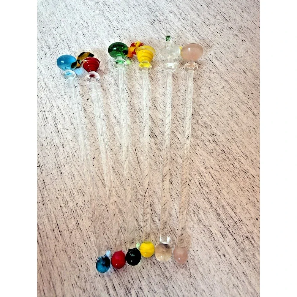 Vintage Murano Style Hand Blown Glass Cocktail Swizzle Sticks Drink Stirrer 6Pc